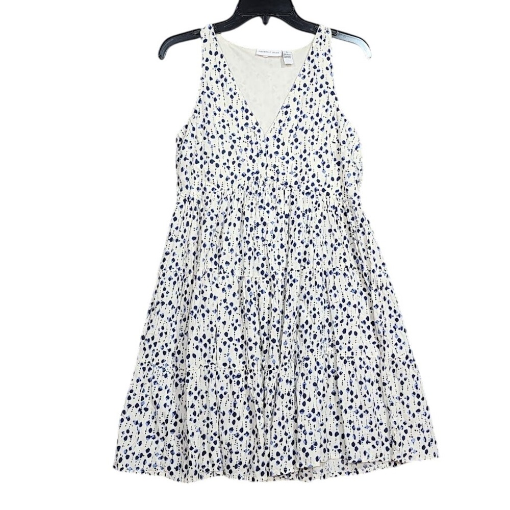 Sincerely Jules Pleated Tiered Dress Small Ivory Blue Print Sleeveless V‎ Neck